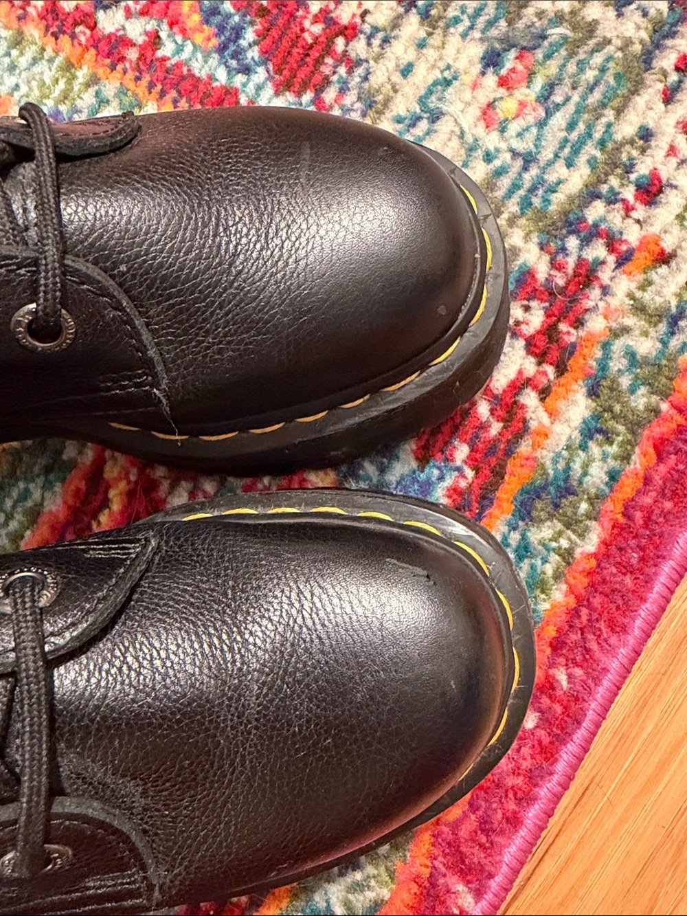 Dr. Martens Black Leather Platform Lace-Up Boots with Yellow Stitching - Picture 6 of 7